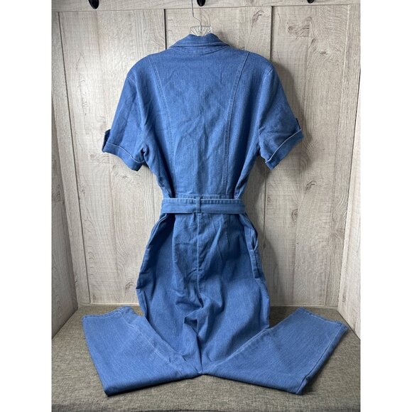 Haute Monde Blue Denim Jumpsuit Stretch Tie Waist Button Front Pockets Womens L - Picture 2 of 7